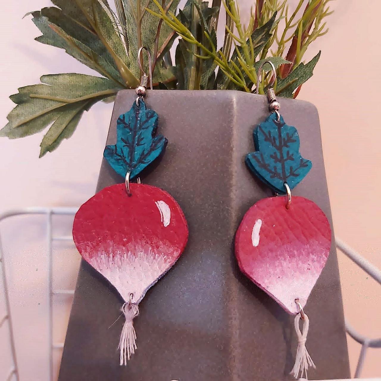Radish earrings , vegetable earrings , dangle earrings . Acrylic painted faux leather