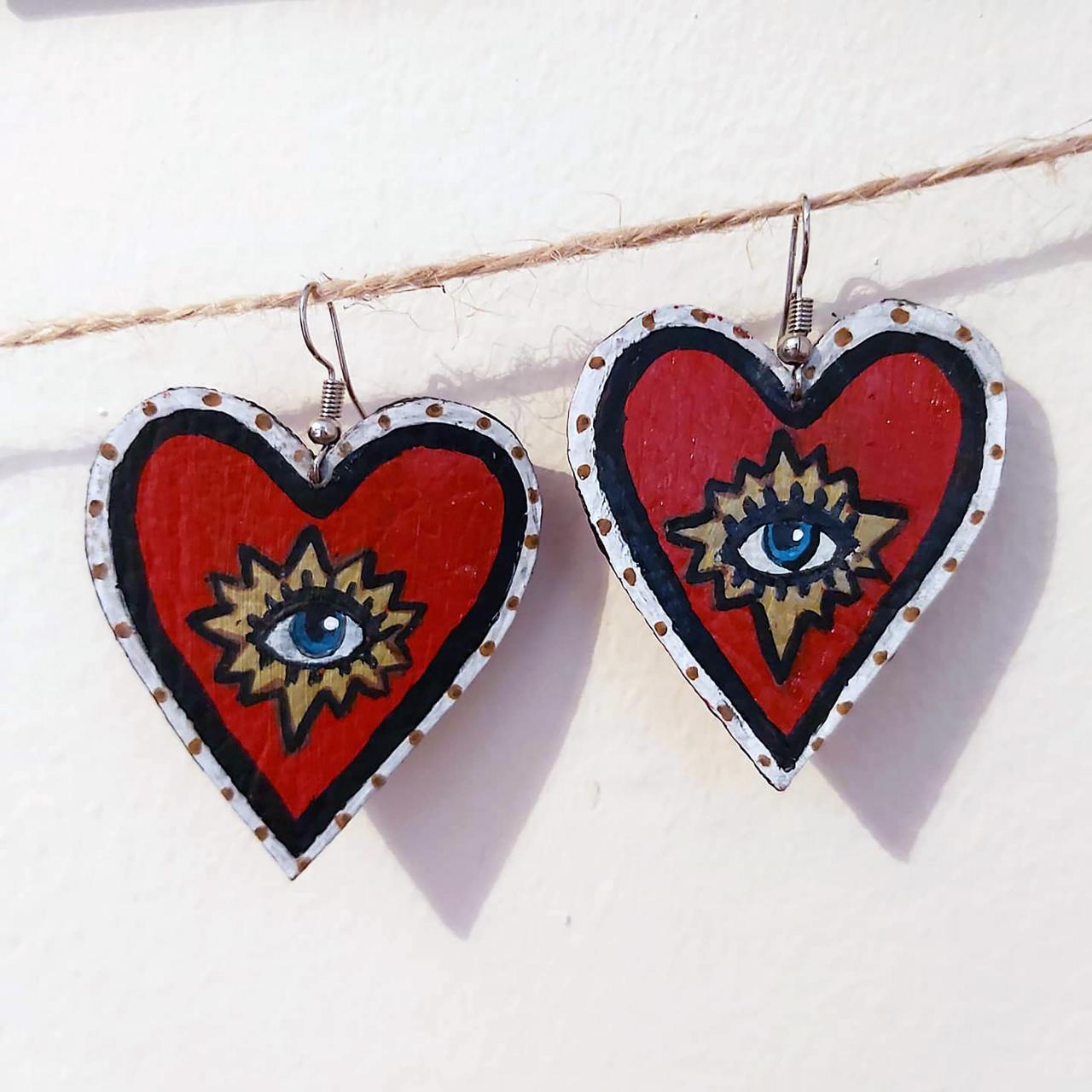 Heart with eye , dangle earrings . Acrylic painted faux leather