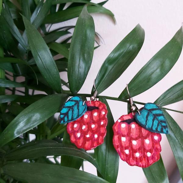 Raspberry dangle earrings. Acrylic painted faux leather